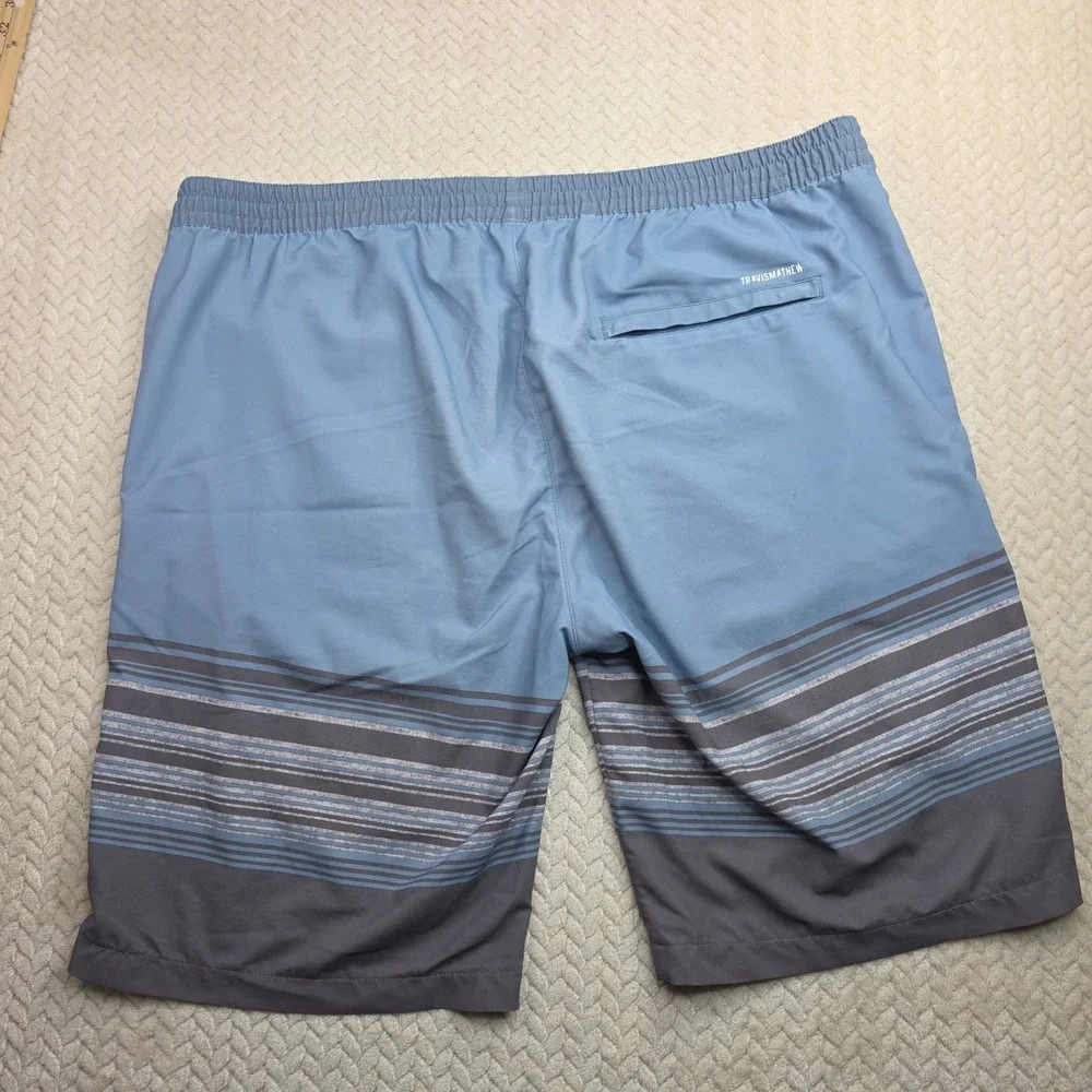 TravisMathew‎ Mens Blue Grey Striped Board Shorts Swim Trunks Elastic Waist 40W